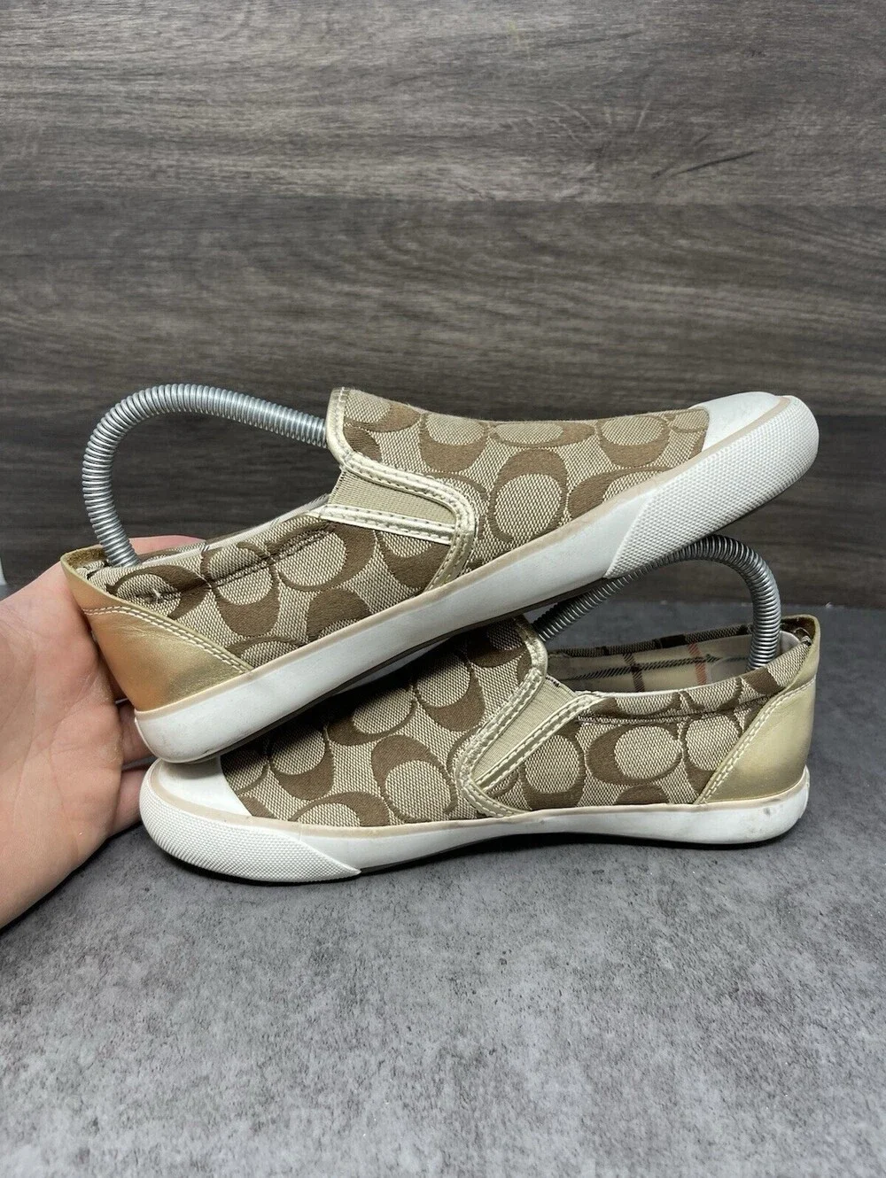 COACH Beale Slip On Shoes Womens Size 7 Gold Monogram Logo Sneakers